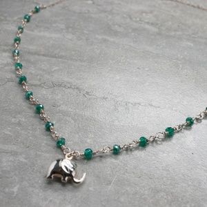 Emerald green & silver elephant charm necklace